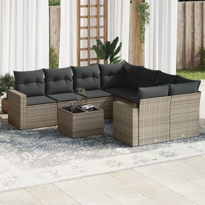 vidaXL 9-delige Loungeset met kussens poly rattan grijs