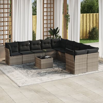 vidaXL 11-delige Loungeset met kussens poly rattan lichtgrijs