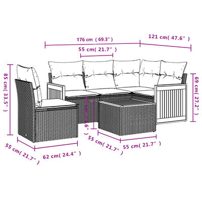 vidaXL 6-delige Loungeset met kussens poly rattan beige