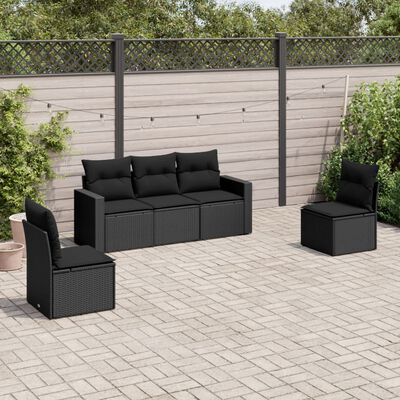 vidaXL 5-delige Loungeset met kussens poly rattan zwart