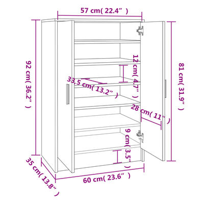 vidaXL Schoenenkast 60x35x92 cm bewerkt hout bruin eikenkleur