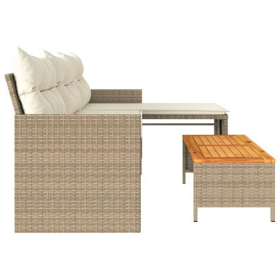 vidaXL Tuinbank met tafel en kussens L-vormig poly rattan beige