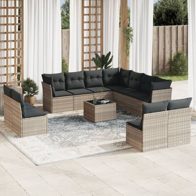 vidaXL 12-delige Loungeset met kussens poly rattan lichtgrijs