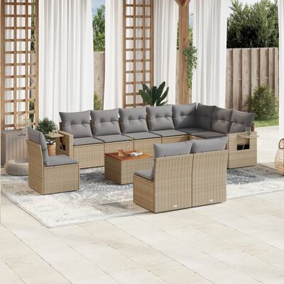 vidaXL 11-delige Tuinset met kussens poly rattan beige