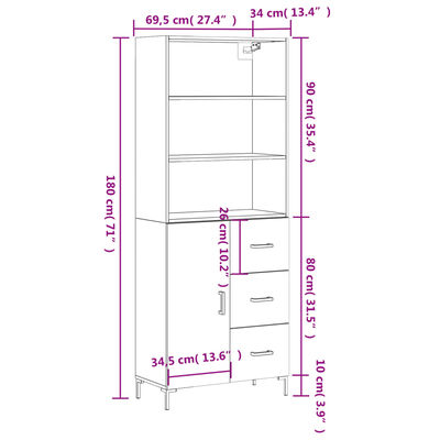 vidaXL Hoge kast 69,5x34x180 cm bewerkt hout betongrijs