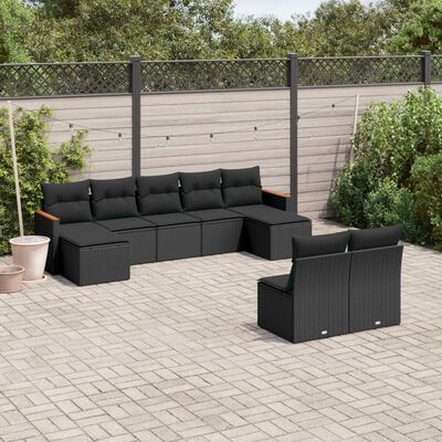 vidaXL 9-delige Loungeset met kussens poly rattan zwart