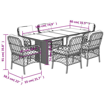 vidaXL 7-delige Tuinset met kussens poly rattan zwart