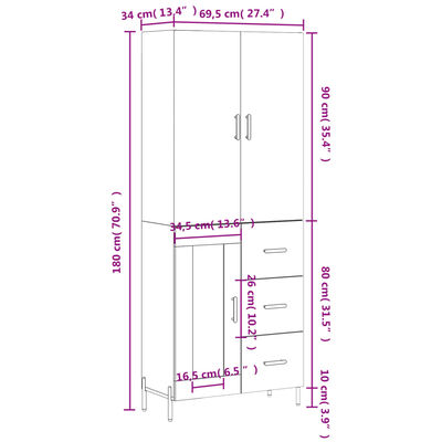 vidaXL Hoge kast 69,5x34x180 cm bewerkt hout wit