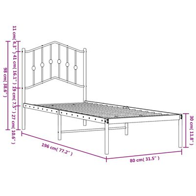 vidaXL Bedframe met hoofdbord metaal zwart 75x190 cm