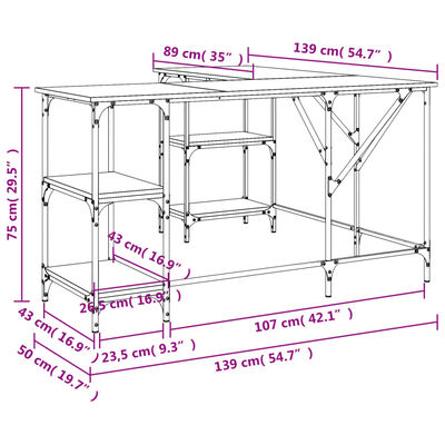 vidaXL Bureau 139x139x75 cm bewerkt hout gerookt eikenkleurig