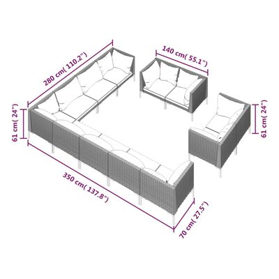 vidaXL 12-delige Loungeset met kussens poly rattan donkergrijs