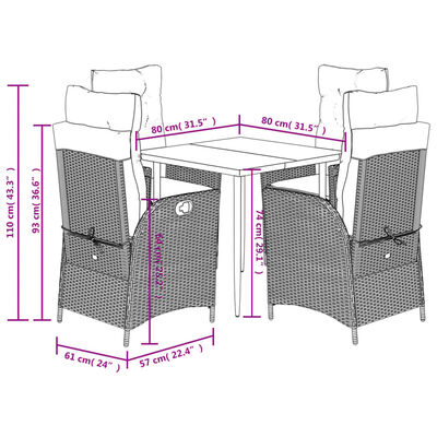 vidaXL 5-delige Tuinset met kussens poly rattan zwart