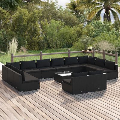 vidaXL 13-delige Loungeset met kussens poly rattan zwart