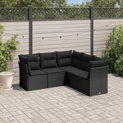 vidaXL 5-delige Loungeset met kussens poly rattan zwart