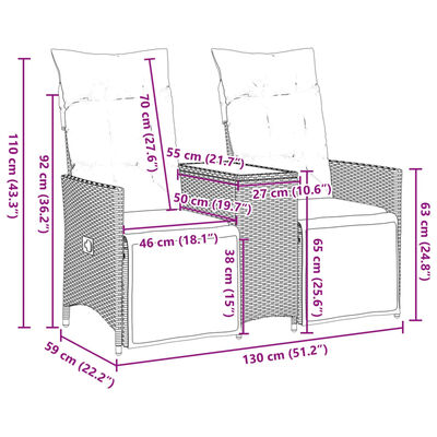 vidaXL Tuinbank 2-zits verstelbaar met tafel poly rattan beige