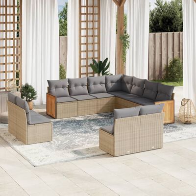 vidaXL 11-delige Tuinset met kussens poly rattan beige