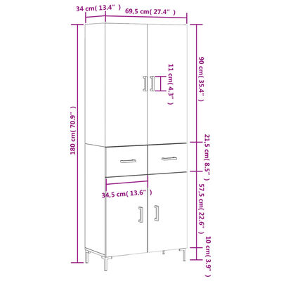 vidaXL Hoge kast 69,5x34x180 cm bewerkt hout betongrijs