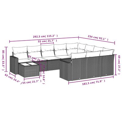 vidaXL 11-delige Loungeset met kussens poly rattan grijs