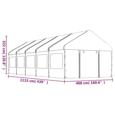 vidaXL Prieel met dak 11,15x4,08x3,22 m polyetheen wit