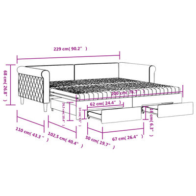 vidaXL Slaapbank onderschuifbed en lades 100x200 cm fluweel lichtgrijs