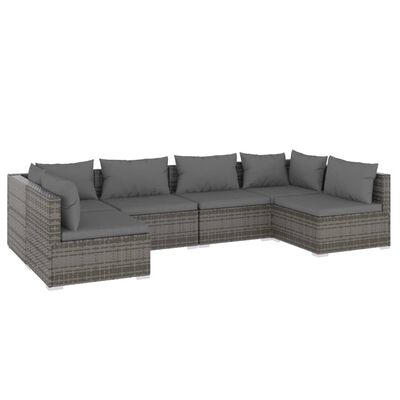 vidaXL 6-delige Loungeset met kussens poly rattan grijs