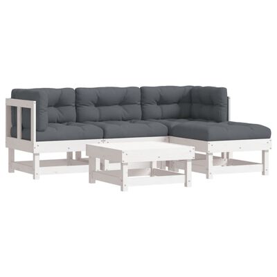 vidaXL 5-delige Loungeset met kussens massief hout wit