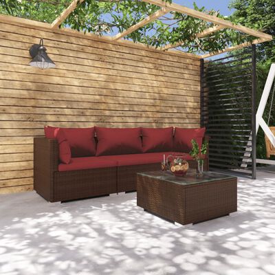 vidaXL 4-delige Loungeset met kussens poly rattan bruin