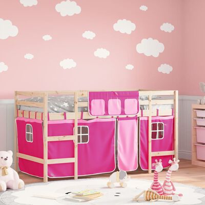 vidaXL Kinderhoogslaper met gordijnen 90x200 cm grenenhout roze