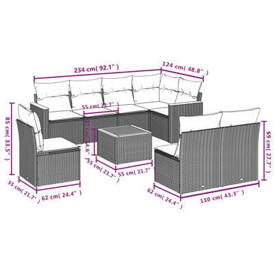 vidaXL 9-delige Loungeset met kussens poly rattan gemengd beige