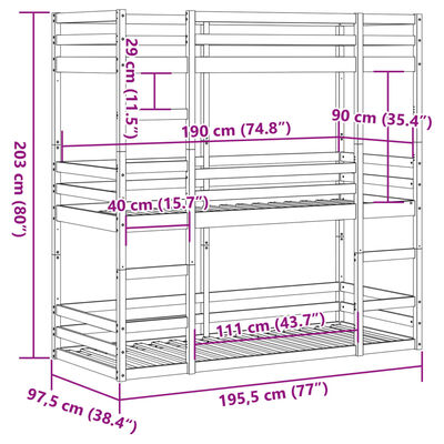 vidaXL Stapelbed 3-persoons massief grenenhout 90x190 cm