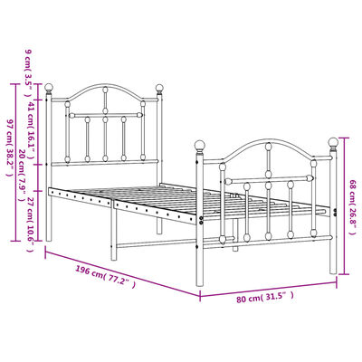 vidaXL Bedframe met hoofd- en voeteneinde metaal zwart 75x190 cm