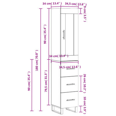 vidaXL Hoge kast 34,5x34x180 cm bewerkt hout gerookt eikenkleurig