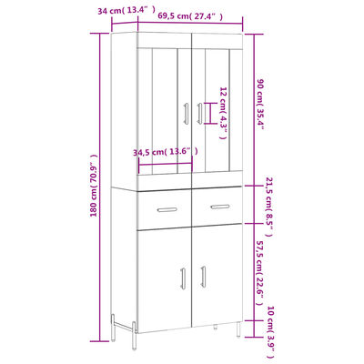 vidaXL Hoge kast 69,5x34x180 cm bewerkt hout grijs sonoma eikenkleurig