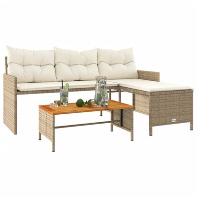 vidaXL Tuinbank met tafel en kussens L-vormig poly rattan beige