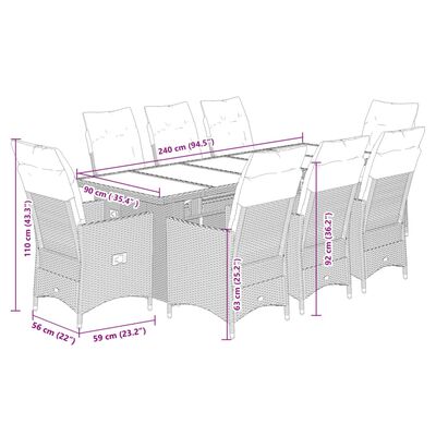 vidaXL 9-delige Bistroset met kussens poly rattan grijs