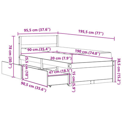 vidaXL Bed met lades en matras massief grenenhout 90x190 cm