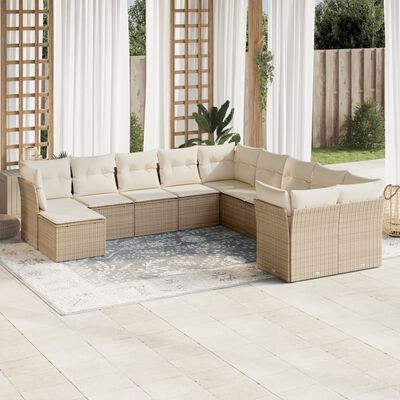 vidaXL 11-delige Tuinset met kussens poly rattan beige