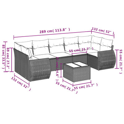 vidaXL 8-delige Loungeset met kussens poly rattan zwart