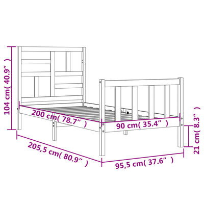 vidaXL Bedframe met hoofdbord massief hout wit 90x200 cm