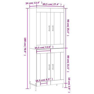 vidaXL Hoge kast 69,5x34x180 cm bewerkt hout betongrijs