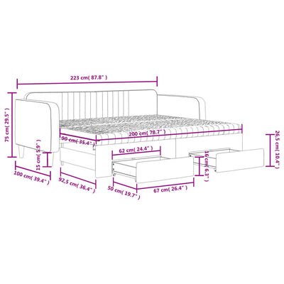 vidaXL Slaapbank onderschuifbed en lades 90x200 cm fluweel lichtgrijs