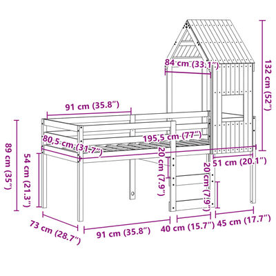 vidaXL Hoogslaper met dak massief grenenhout wasbruin 75x190 cm