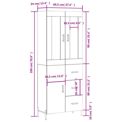 vidaXL Hoge kast 69,5x34x180 cm bewerkt hout bruin eikenkleur