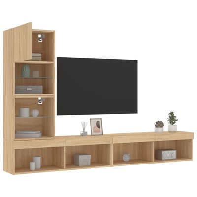 vidaXL 4-delige Tv-wandmeubelset met LED bewerkt hout sonoma eiken