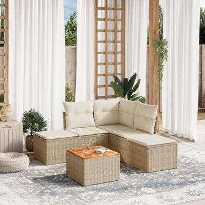 vidaXL 6-delige Loungeset met kussens poly rattan beige