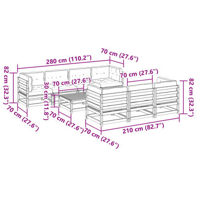 vidaXL 8-delige Loungeset met kussens massief grenenhout