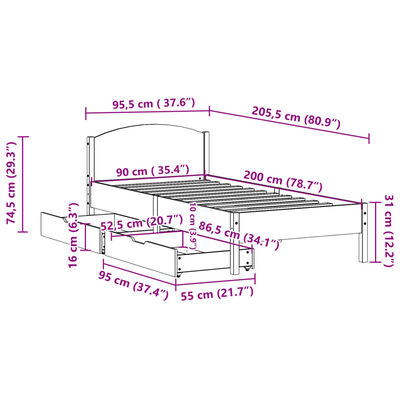 vidaXL Bedframe zonder matras massief grenenhout wit 90x200 cm