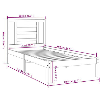 vidaXL Bedframe massief hout wit 75x190 cm