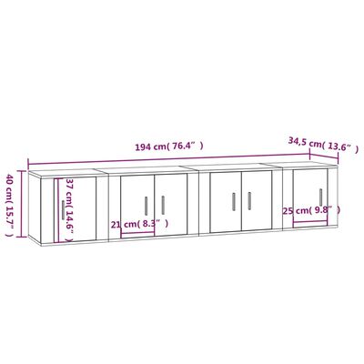 vidaXL 4-delige Tv-meubelset bewerkt hout hoogglans wit