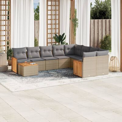 vidaXL 10-delige Loungeset met kussens poly rattan beige